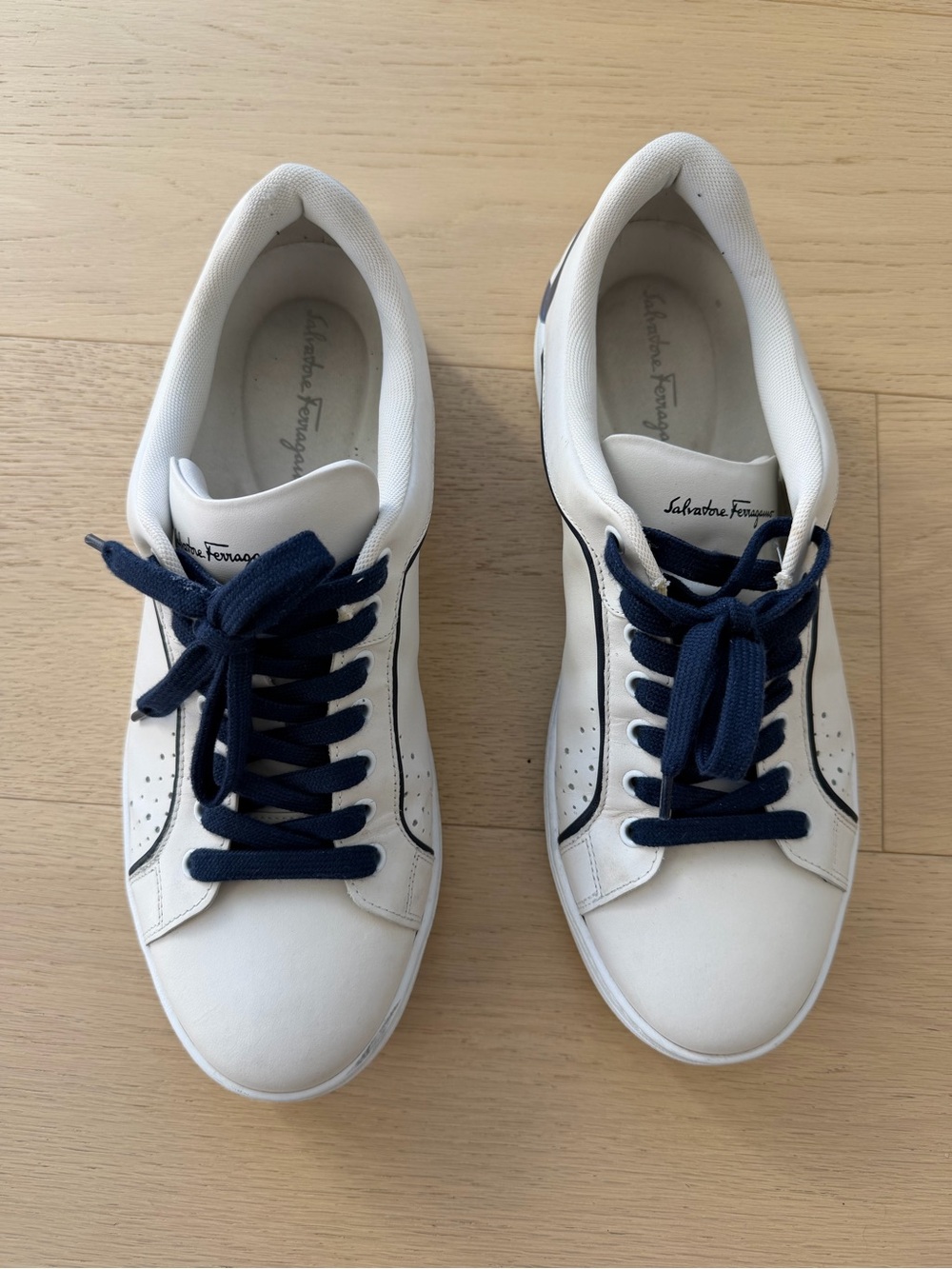 Salvatore Ferragamo White Leather Low-Top Sneakers with Navy Detail